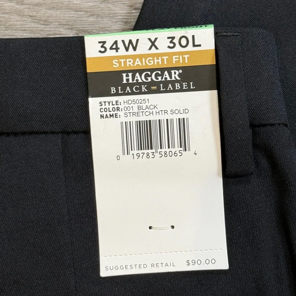 Haggar Black Label Mens 34x30 Straight Fit Stretch Dress Pants Black HD50251 NWT